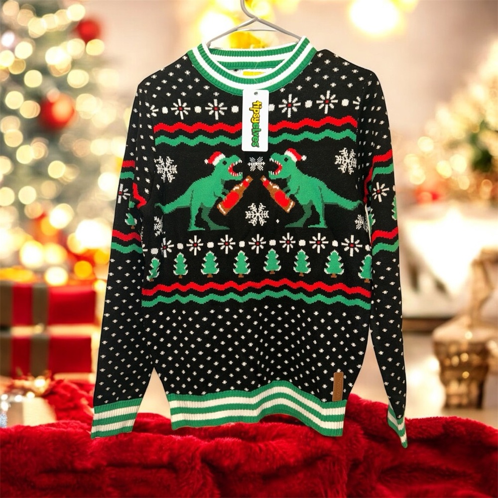 Tipsy Elves Dinosaur Christmas Sweater - Black, Green, Red